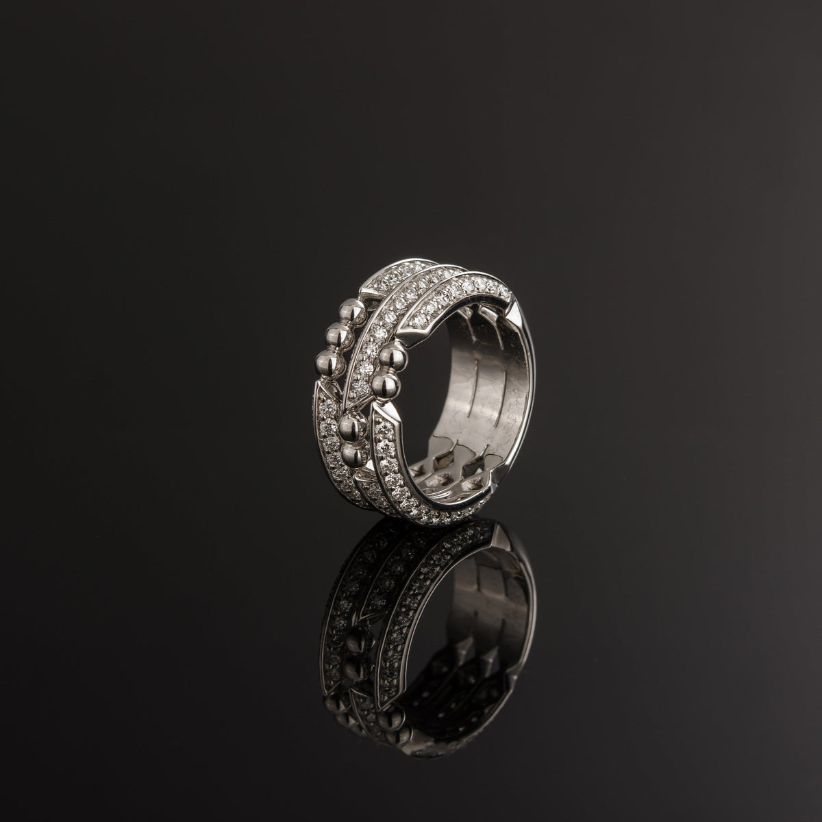 Kanpoj Kayan wide ring in white gold with diamonds and beads, angled view