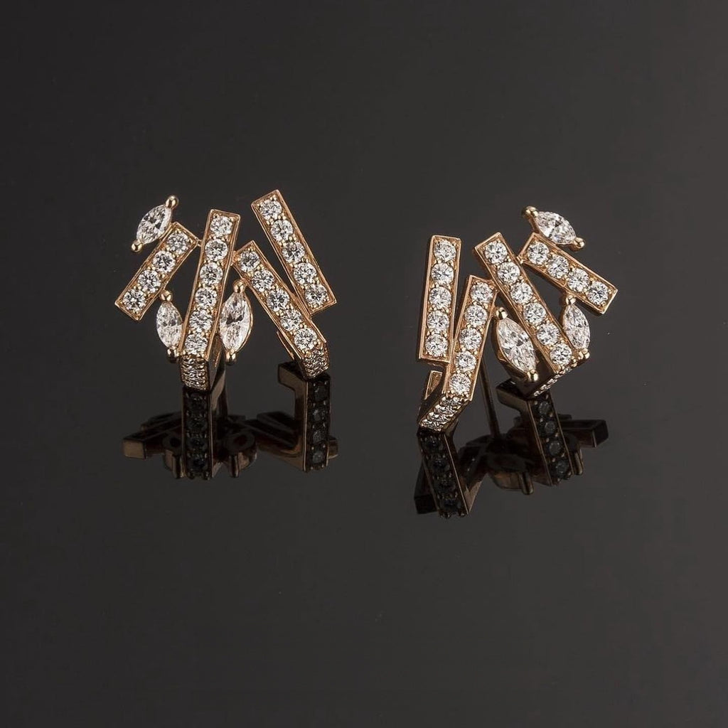 Geometric Earring 2 KE84.B, pink gold diamond bar earrings with marquise diamonds