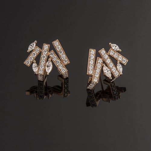 Geometric Earring 2 KE84.B, pink gold diamond bar earrings with marquise diamonds