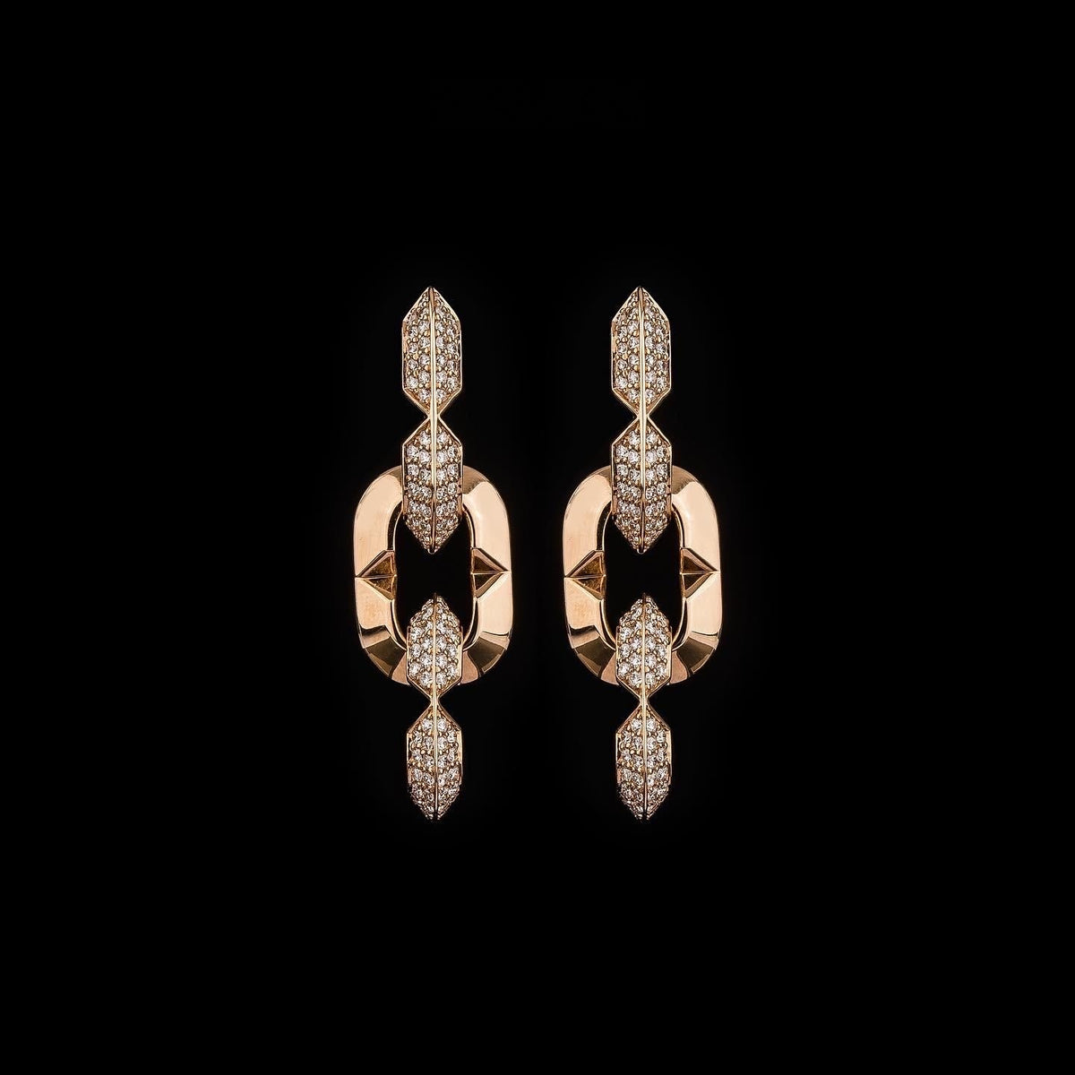 Kayan Earring 6 KE121, pink gold chain-link earrings with pave diamond links